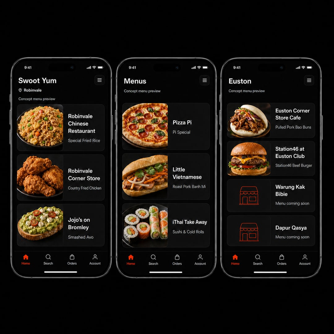 Sample concept view of the future Swoot Yum app showing three phones with local Robinvale and Euston menu previews.