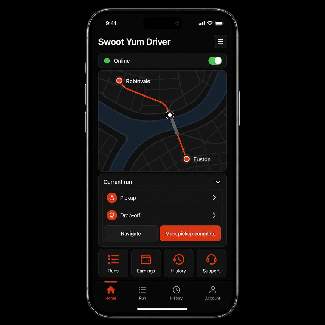Sample concept view of the future Swoot rider app showing an online state, local GPS route and pickup workflow.