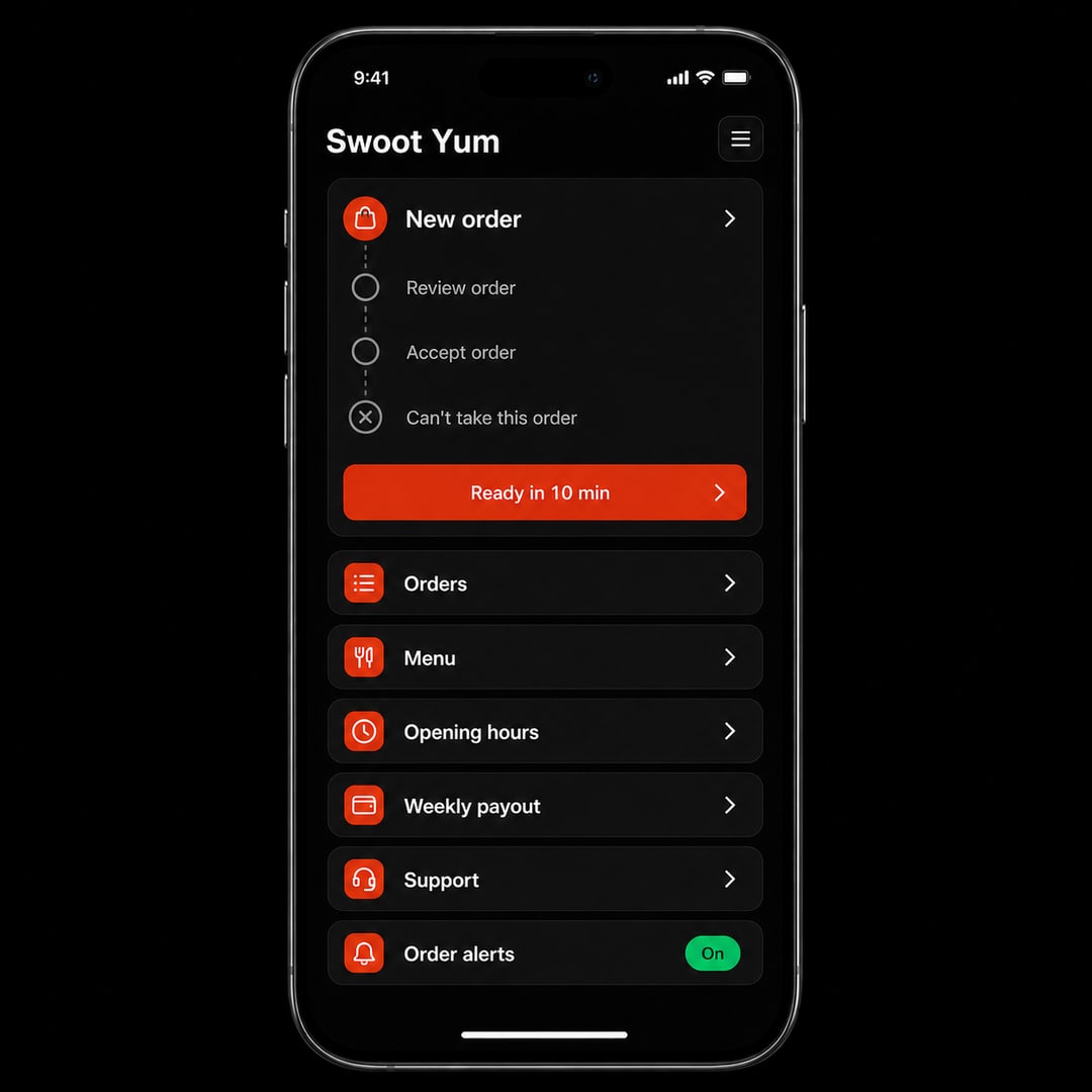 Sample concept view of the future Swoot vendor app showing orders, menu controls, opening hours, payouts, support and order alerts.